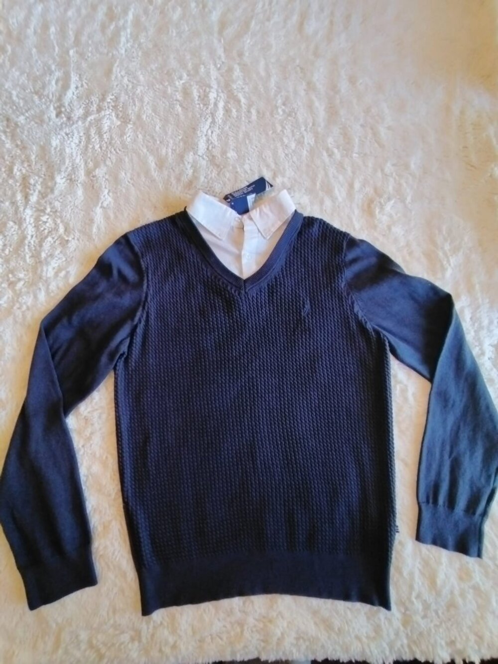Nautica Pullover Sweater with Mock Shirt Navy Blue Size M NWT 100% Cotton